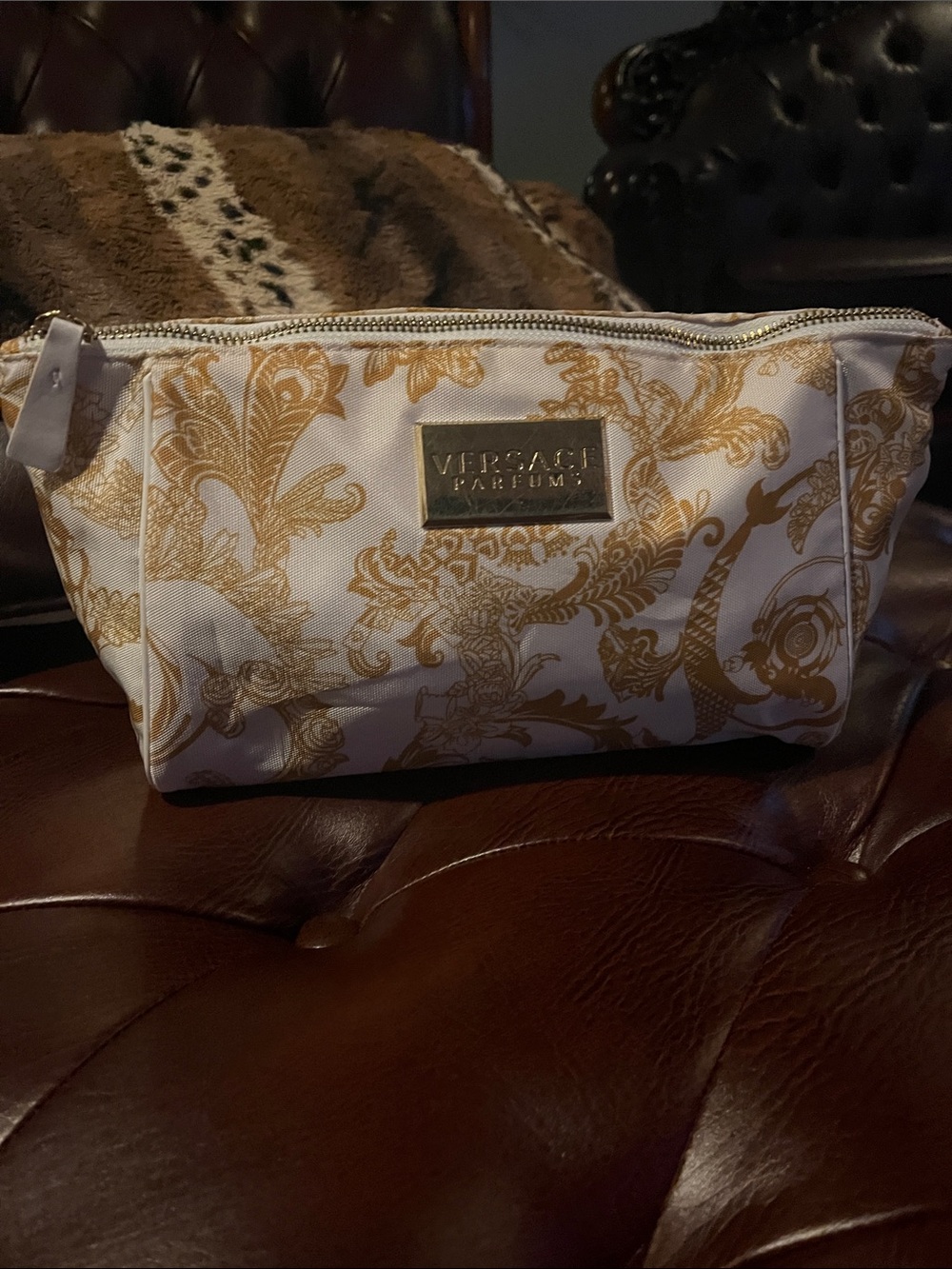 Versace Collection Gold Baroque Zip Pouch in White and Gold